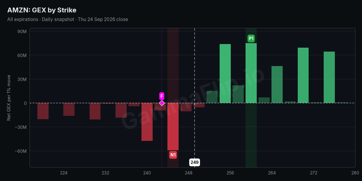 AMZN net gamma exposure by strike with spot, gamma flip, P1 and N1