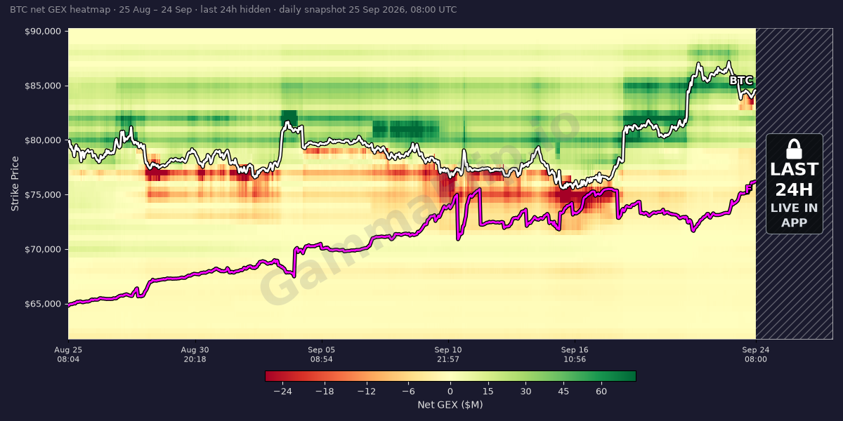 BTC gamma exposure heatmap over the last 30 days