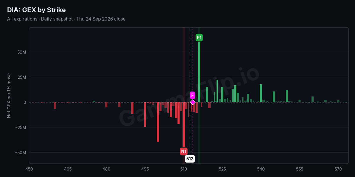 DIA net gamma exposure by strike with spot, gamma flip, P1 and N1