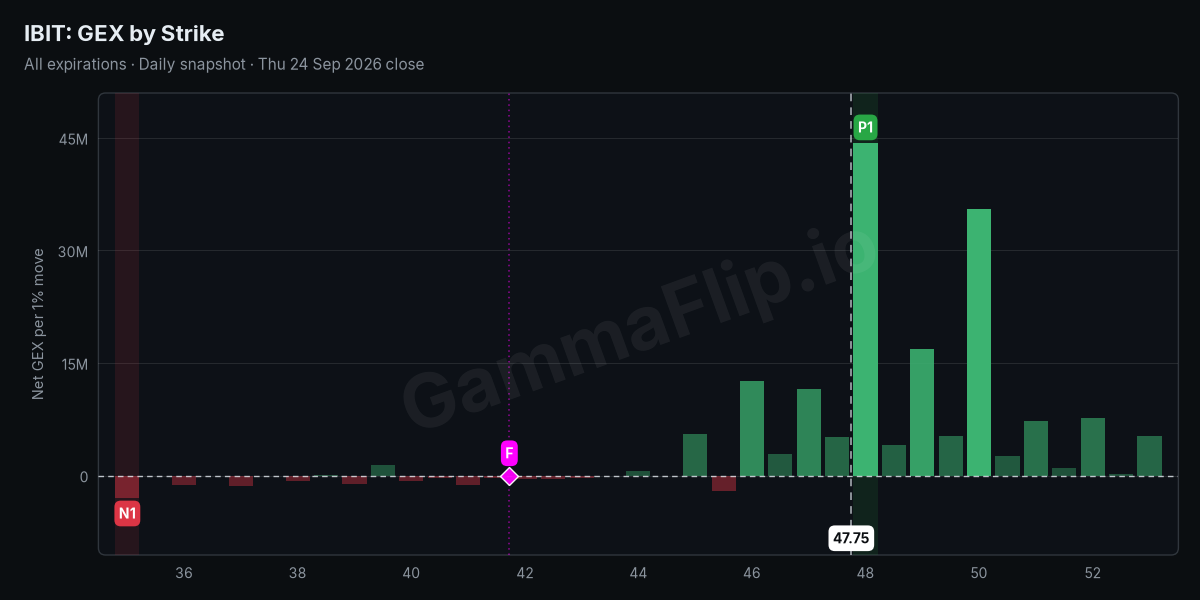 IBIT net gamma exposure by strike with spot, gamma flip, P1 and N1