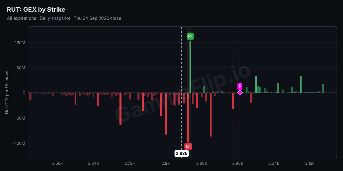 RUT net gamma exposure by strike with spot, gamma flip, P1 and N1